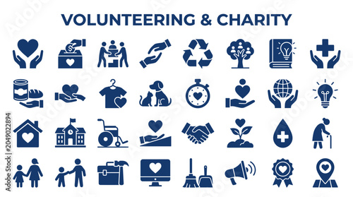 Tableau sur toile Collection of volunteering and charity icons representing help, support, communi