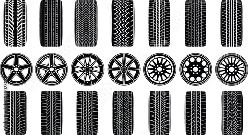 Cuadro en lienzo Car Tire Tread and Alloy Wheel Rim Vector Set with Diverse Automotive Track Patt
