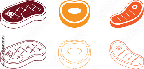 Canvastavla Beef steak and meat chop vector icon set with outline and flat designs for butch