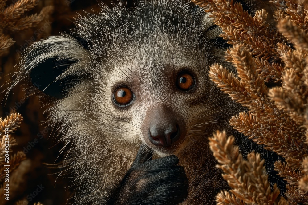 Fototapeta premium Close-up of a lemur's face in foliage, looking directly at the camera