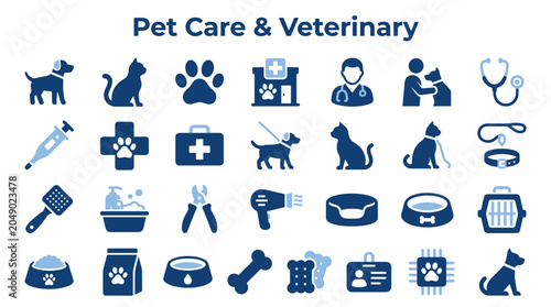 Photos Pet Care Veterinary Icons Set Medical Health Animal Dog Cat Treatment Clinic Ste