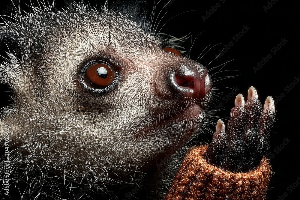 Fototapeta premium Close-up of lemur face with hand, particle effect