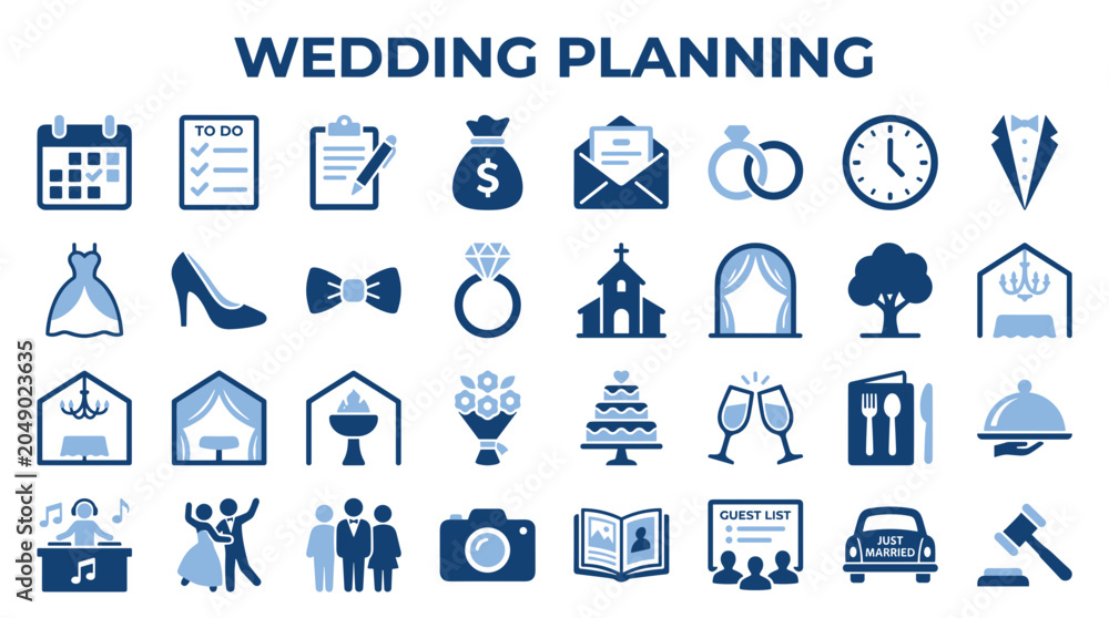 Fototapeta premium Wedding Planning Icons Set: Marriage Celebration Elements Calendar To Do List Rings Cake Church Venue Bride Dress and Groom Suit