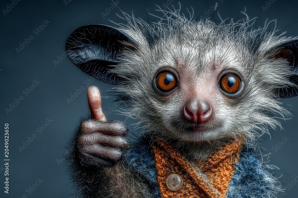 Fototapeta premium Close-up of textured lemur face giving thumbs up