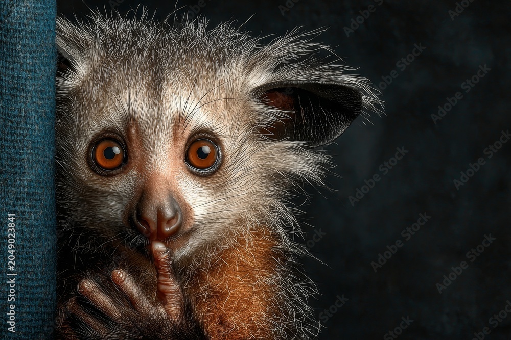 Fototapeta premium Curious Lemur Peeking from Behind Fabric