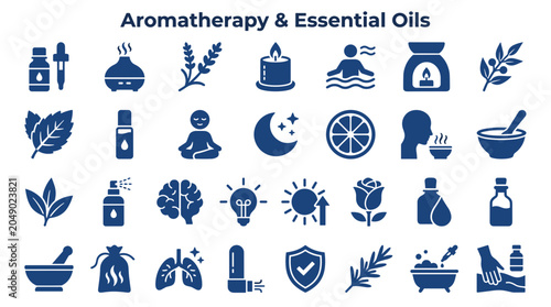 Bild auf Leinwand Aromatherapy Essential Oils Wellness Spa Relaxation Self Care Icons Set