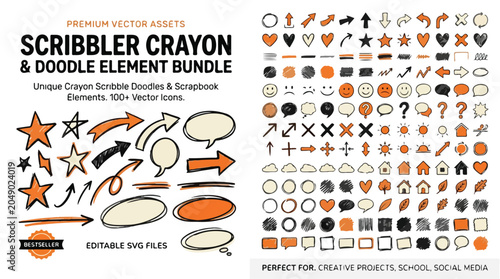 Scribbler Crayon and Doodle Element Bundle, 100+ Hand Drawn Vector Icons, Orange and Black Scrapbook Scribble Doodles for Creative Projects