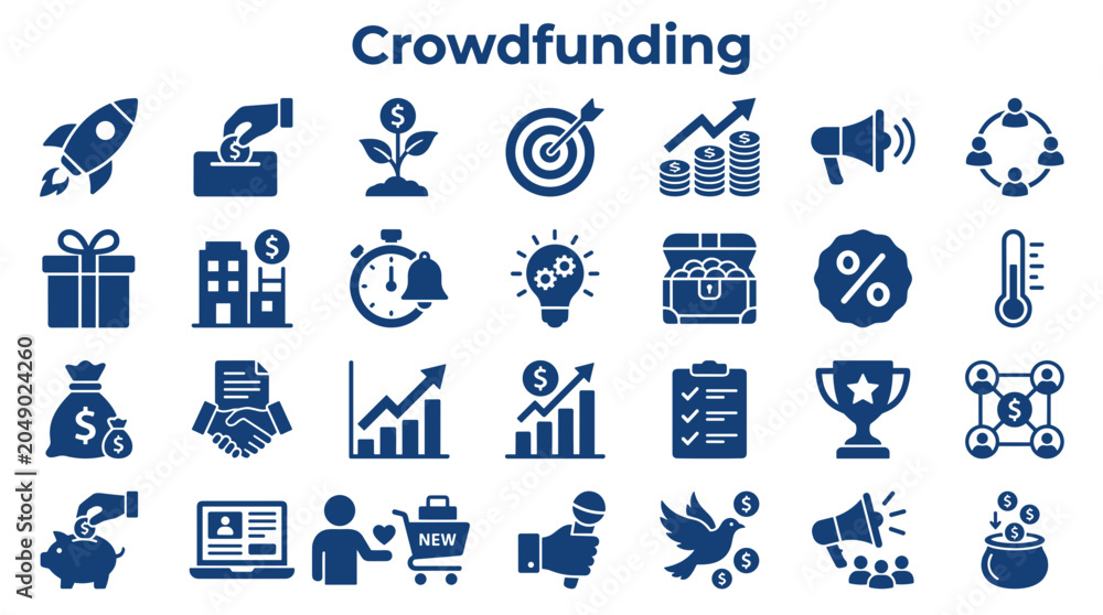 Fototapeta premium Crowdfunding concept icons set for fundraising and investment goals, business growth, startup launch and community support