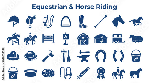 Schilderij op canvas Equestrian Horse Riding Icons Set Silhouette Style Blue Collection Of Symbols Re