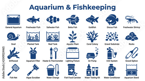 Tableau sur toile Aquarium and Fishkeeping Icons Set: Diverse Aquatic Life and Equipment Illustrat