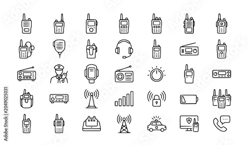 Security Walkie Talkie Line Icon Set Communication Device Guard Security Radio Outline Editable Stroke Vector Illustration Collection Isolated on White Background