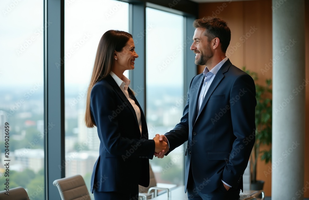Naklejka premium Smiling man and woman shake hands in modern office with city view. Business deal agreement, partnership success, professional team collaboration.