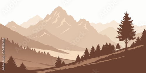 Billede på lærred Monochrome sepia-toned illustration of a rugged mountain landscape with silhouet