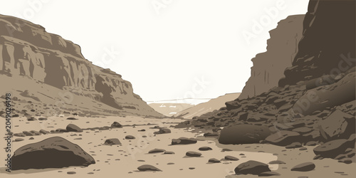 Canvastavla Desert canyon landscape illustration with high rocky cliffs and a stony path in