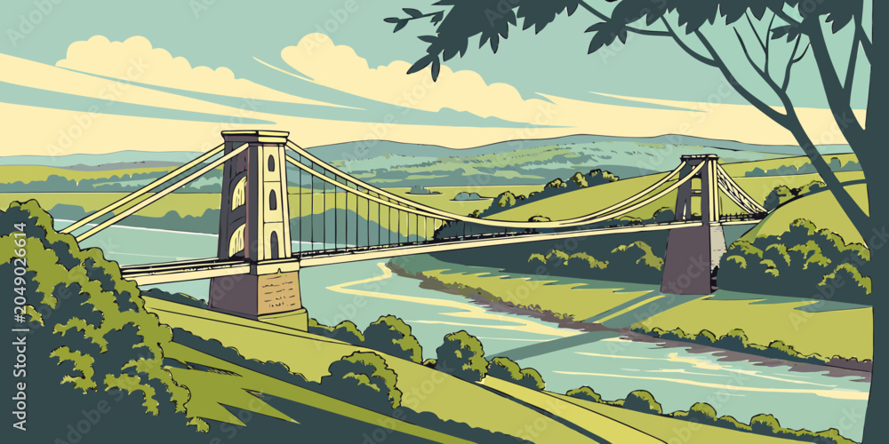 Fototapeta premium Clifton suspension bridge style illustration showing a large bridge over a river valley with green hills and lush trees in a retro art style suspension landscape engineering architecture landmark