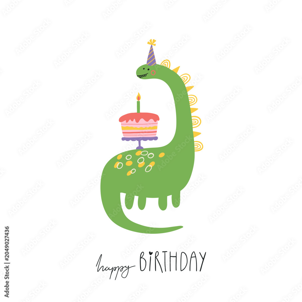Naklejka premium Cute dinosaur holding a birthday cake and wearing party hat. Adorable hand drawn nursery illustration with happy birthday lettering. Perfect for kids cards, posters, party invitations, childrens decor