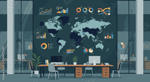 Modern office workspace with world map mural and data visualization charts on the wall featuring desks with computers and chairs in a professional corporate environment