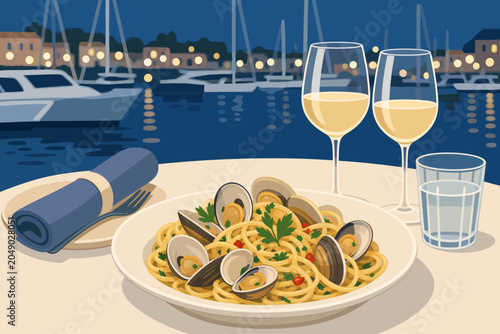 Spaghetti alle vongole with fresh clams served on a table with white wine glasses overlooking a harbor at night with boats and city lights in a flat vector illustration style