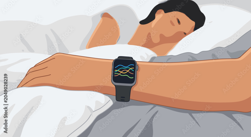 Obraz premium Smartwatch tracking sleep data on a wrist while a person sleeps in bed, showing health monitoring technology and biometric analysis for better rest and wellness management