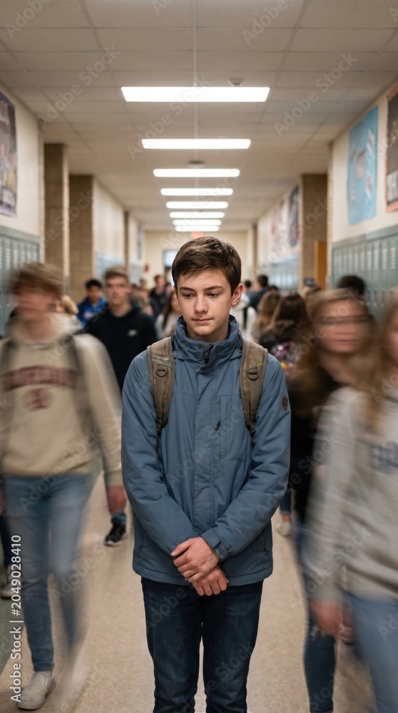 Fototapeta premium Lonely Teenage Boy Standing Still in Busy School Hallway Surrounded by Rushing Classmates in Motion Blur Capturing Concepts of Social Anxiety Isolation and Student Mental Health Issues