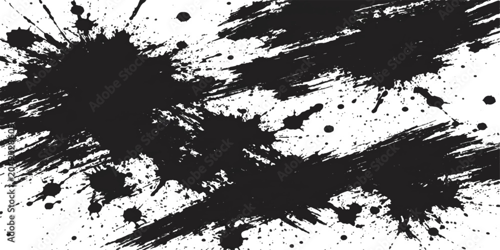 Fototapeta premium Abstract black ink splatter on a white background, creating a chaotic and energetic artistic texture.
