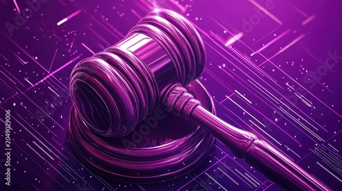 Close-up of a polished purple gavel resting on a stylized digital background representing antitrust and legal judgments in a modern context.