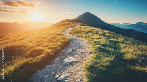 A winding mountain trail bathed in bright morning sunlight, leading towards distant peaks and vibrant wildflowers.