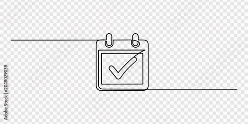 Table calendar and checkmark continuous one line drawing minimalist vector, Illustration of a tear-off calendar, made in one continuous line. Minimalistic drawing of a date, planning, or time symbol