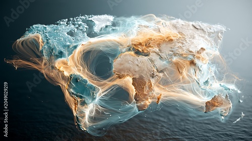stock photograph of a three-dimensional global supply chain visualization suspended above a dark oceanic background, luminous amber and cyan cargo shipping lanes stretching between continents, 