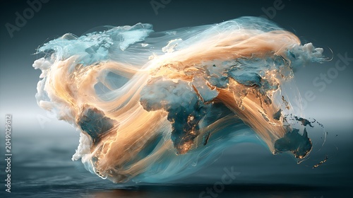 stock photograph of a three-dimensional global supply chain visualization suspended above a dark oceanic background, luminous amber and cyan cargo shipping lanes stretching between continents, 