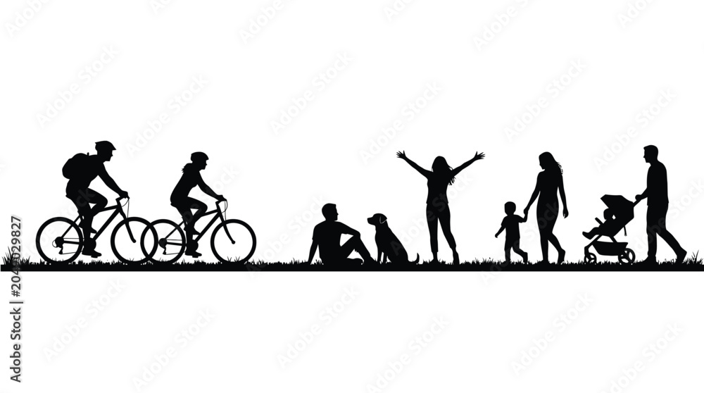 Obraz premium Flat black vector illustration showing diverse people enjoying outdoor leisure activities in a park setting
