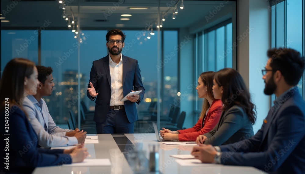 Obraz premium Indian manager leads business meeting in modern office with diverse team. People sit at table, listen to speaker presenting with tablet. Cityscape outside window.