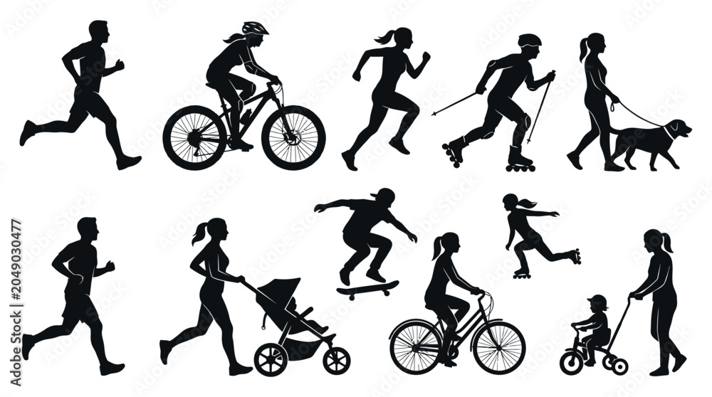 Fototapeta premium Detailed black vector illustration set of diverse people performing various active healthy lifestyle outdoor activities