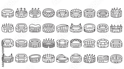 Stadium arena line icon set. Football field, sports venue, dome, grandstand, coliseum, match arena outline vector illustrations. Symbols for sport architecture on white background.