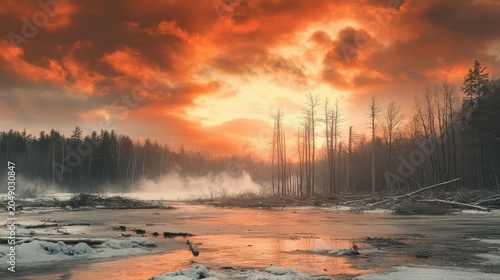 Devastated forest landscape with orange sky during environmental destruction and deforestation