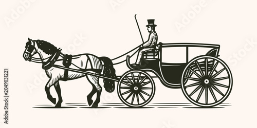Foto Horse drawn carriage silhouette illustration with driver vintage style