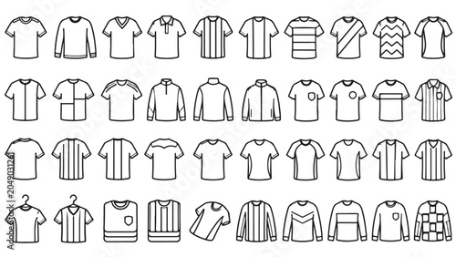 Soccer jersey and team kit line icon set. Football shirts, striped uniforms, sport tops, goalkeeper jersey outline vector illustrations. Symbols for club apparel on white background.