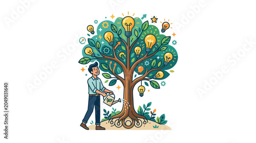 Fotografía Man Watering Light Bulb Tree for Ideas and Innovation Growth