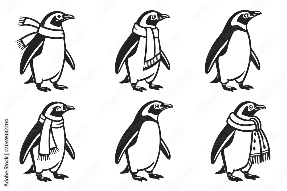 Fototapeta premium Six black and white penguins standing in a row