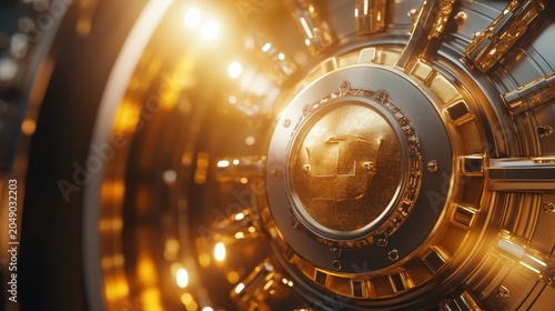 Intricate Gold Vault Door Mechanism Illuminated by Bright Light, Representing Security and Wealth