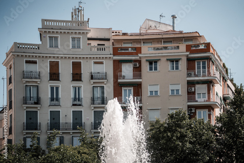 Architecture of the city center of Madrid, Spain. Alley and narrow roads with Spanish balconies and design.