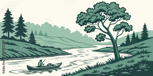Photography Retro style illustration of a man in a canoe carrying supplies along a winding r