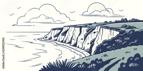 Canvas Print Hand drawn illustration of iconic white chalk cliffs by the sea with a sandy bea