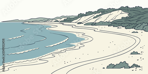 Cuadro en lienzo Winding coastal pathway illustration with ocean waves breaking on sandy beach an