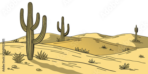 Schilderij op canvas Stylized vector illustration of golden sand dunes in the desert with saguaro cac