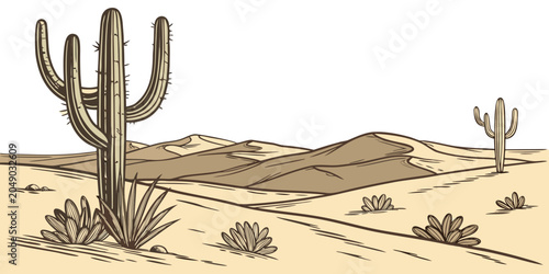Bild auf Leinwand Panoramic desert scene illustration featuring sand dunes and tall saguaro cactus