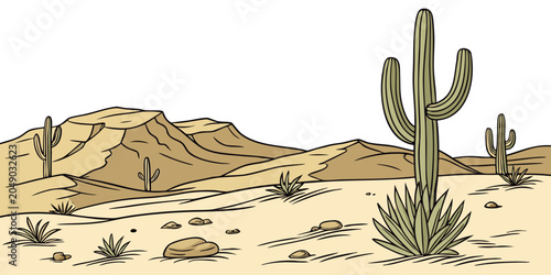 Φωτογραφία Detailed desert landscape illustration with mountains mesa formations saguaro ca