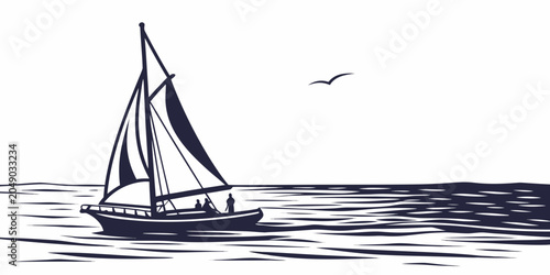 Foto Small sailboat navigating calm open ocean waters silhouette graphic with sailboa