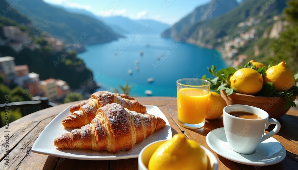Fototapeta premium Morning croissants coffee juice served on wooden table overlooking sea bay. Mountains and village visible in background. Fresh lemons in bowl complete breakfast.