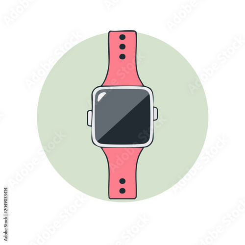 Pink smartwatch with a dark screen on a light green background